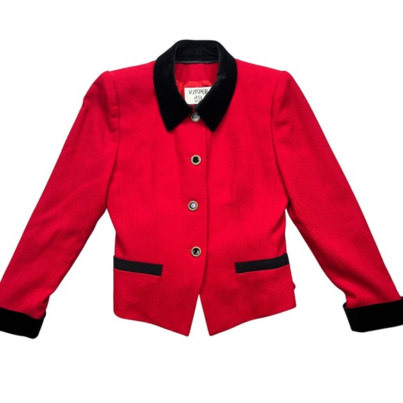 Kasper ASL Red Wool Blazer Velvet Trim Button Front Petite Jacket 6P Women Party - Picture 1 of 8